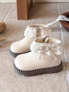 1 Pair Girls' New Lace Decor Comfortable Versatile Sweet Cute Non-Slip Short Boots - Beige - View 3