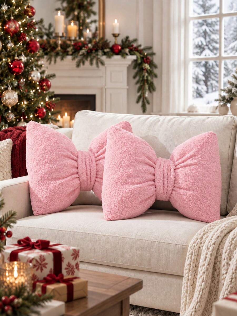 1pc Red Bow Shaped Decorative Pillow, Textured Knot Design Festive Accent Cushion For Christmas Holiday Sofa, Bedroom, Living Room And Seasonal Home Decor - Pink - View 1