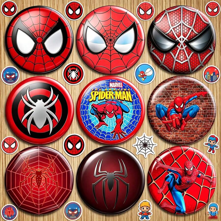1set/9pcs Character Hero Round Scrapbook Kit Set, Cartoon Character, Vibrant Printed Badges, Perfect For Theme Parties, Gifts And DIY Customization, Daily Clothing Decoration And Personal Collection - Multicolor - View 1