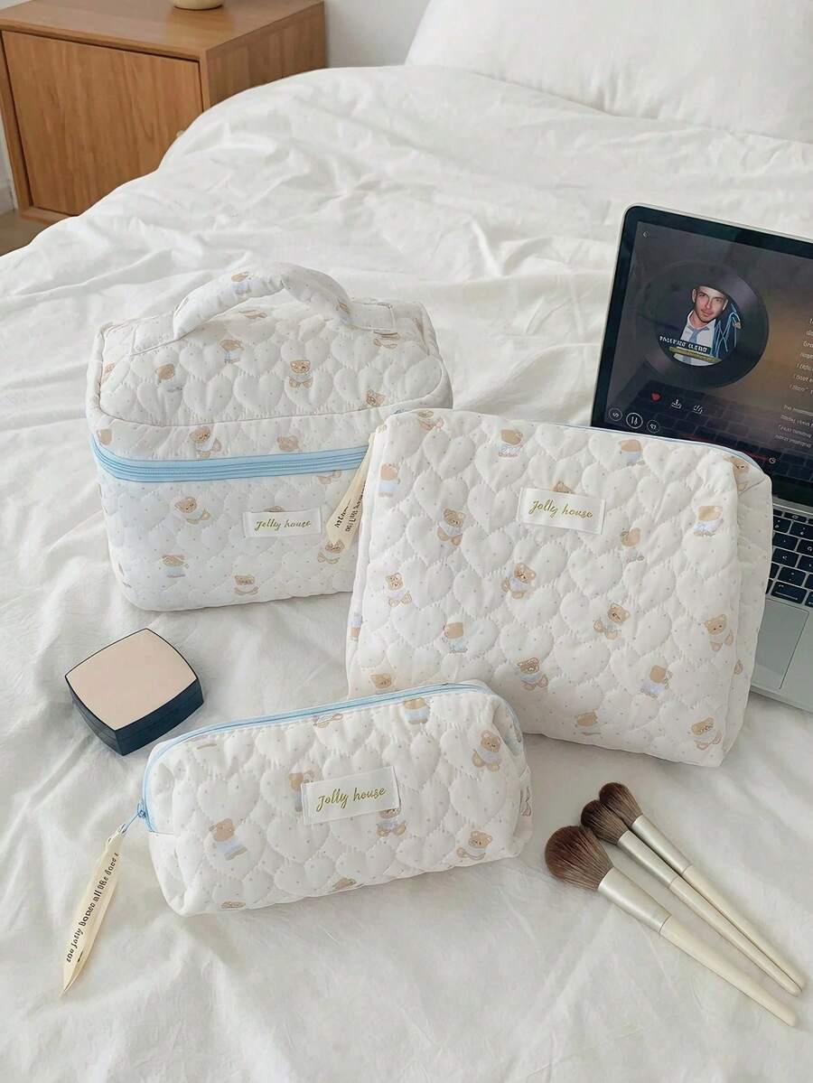 1Pc/Pcs Cute Quilted Blue Bear Cosmetic Bag, Soft Fabric Heart Pattern Makeup Organizer, Travel Toiletry Pouch With Zipper, Multi Sizes Storage Bags - Baby Blue - View 1