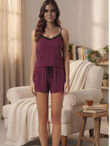 Conjunto de pijama lindo confortável de malha estiloso feminino algodão - Marsala - Visão 4