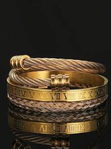 3pcs/Set Fashionable Creative Stainless Steel Woven Roman Numeral Bracelet For Men, Suitable For Daily Wear, Party, Gift For Boyfriend - Multicolor - View 10