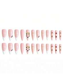 Christmas Long Pointed Fake Nails With Snowflake, French Bow And Wreath Design Wearable Nail Tips - Multicolor - View 4