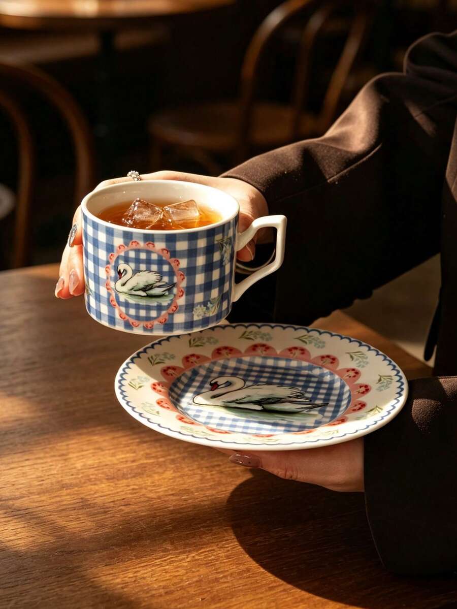 1 Set Exquisite Ceramic Cup & Saucer, Swan Coffee Cup, Home Handheld Cup, Farm Theme Afternoon Tea Cup, Water Cup, Mug, Small Capacity Ceramic Cup, Milk Cup, Gift Cup - Multicolor - View 1