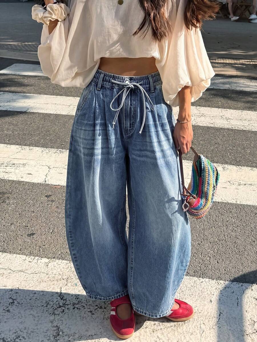 Women's Casual Wide Leg Jeans, Drawstring Waist With Pockets, Loose Fit Long Vintage Style Pants - Medium - View 1