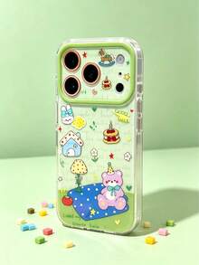 Autumn Cute Cartoon Party Bear Sticker Style Phone Case, Lovely Rabbit Cake House Print Green Camera Frame Clear IMD Glossy Shockproof Anti-Scratch Protective Cover For IPhone11 12 13 14 15 16 17 18 Pro Max,18 Pro - Multicolor - View 3