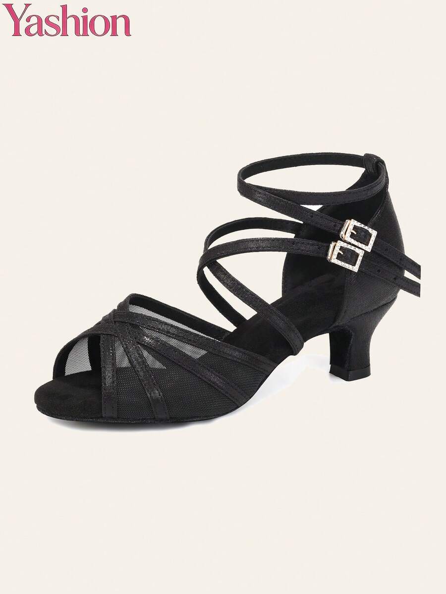 Sepatu Dansa Latin Wanita dengan Gesper Ganda dan Tali Pergelangan Kaki Ganda serta Bagian Atas Jala - Hitam - View 1