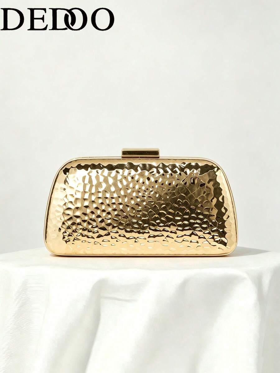 Women's Evening Clutch, Gold Metal Hard Shell, Rectangular Snap Closure, Modern Luxury Handbag, Suitable For Wedding, Banquet, Party