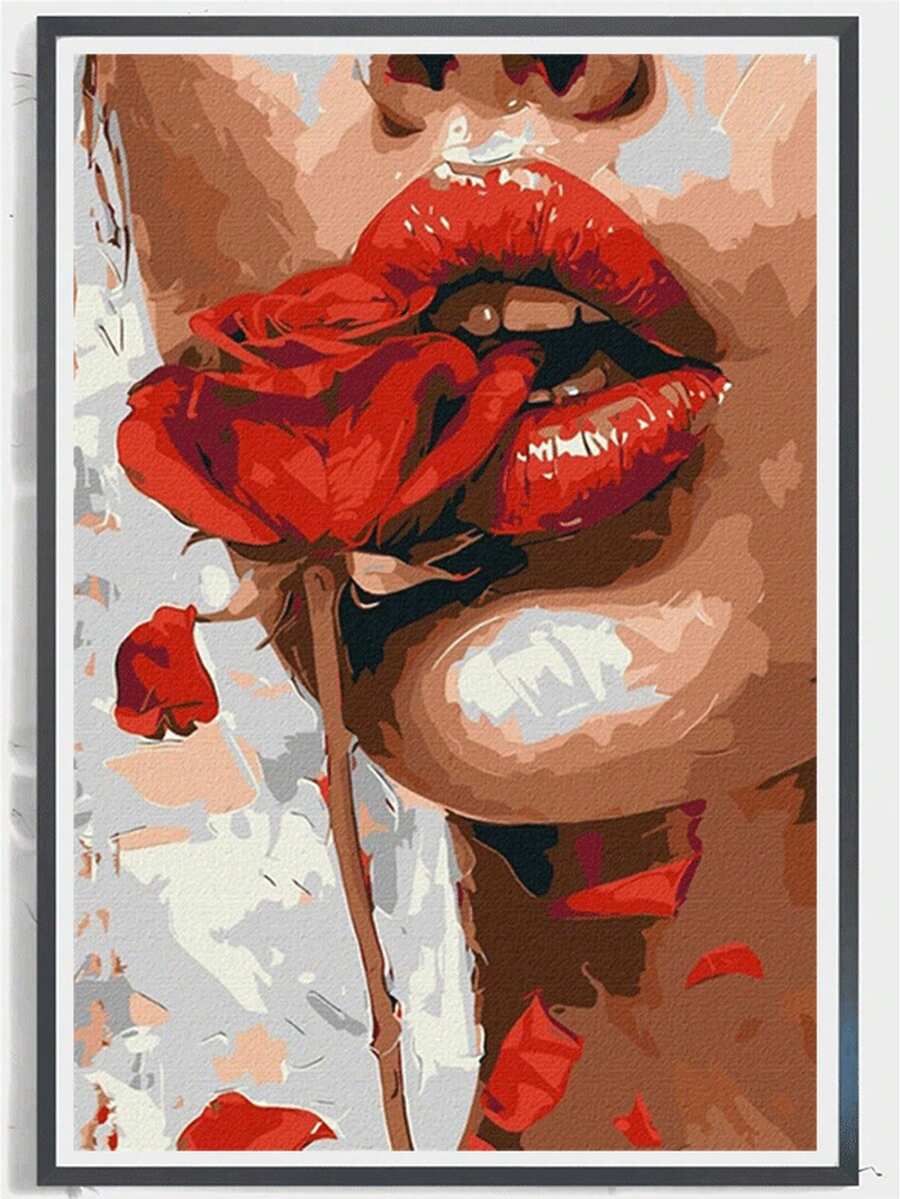 1pc Diamond Painting Kit, Vintage Style Burgundy Lips And Roses Diamond Art, Living Room Bedroom Entryway Wall Decor, Handmade DIY Luxury Hanging Painting