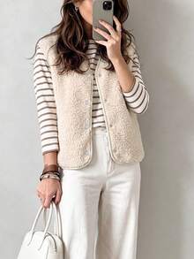 Women's Solid Color Casual Versatile Daily Wear Vest Jacket - Apricot - View 4