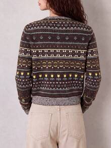 Women's Vintage Knit Letter Pattern Cardigan Sweater, Long Sleeve Round Neck Button Casual Winter Top - Multicolor - View 2