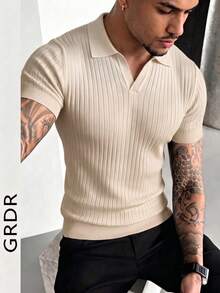 GRDR Men's Summer Knit Polo Shirt, Solid Color Short Sleeve Knitted Collar, Suitable For Summer Outings, Essential For Fashionable Outfit - Apricot - View 2