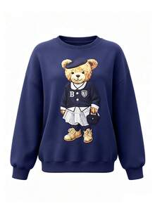 Plus Size Long Sleeve Teddy Bear Sweatshirt, College Style Design, Comfortable Crew Neck Pullover For Daily Wear - Navy Blue - View 6