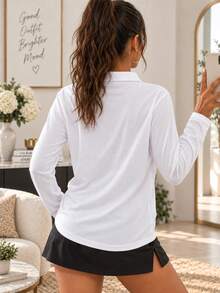 AODSR Women's White Long Sleeve Polo Top, Classic Fit Collared Shirt For Golf, Workout, Travel And Everyday Wear. - White - View 5