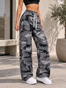 Gray Camo Cargo Pants For Women Elastic Drawstring Waist Side Flap Pockets Relaxed Wide Leg Casual Trousers. - Grey - View 8