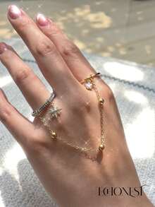 1 Pair Gold-Colored Stainless Steel Minimalist Zirconia Eight-Pointed Star Connected Finger Rings - Yellow Gold - View 13