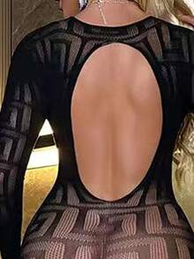 Erotic Underwear, Crotch-Closed Transparent One-Piece Mesh Garment With Mesh Holes, One-Piece Mesh Stockings. - Black - View 5