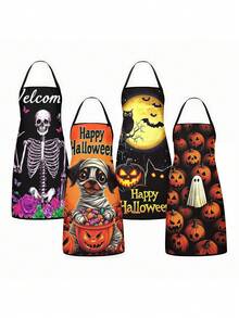 1pc/2pcs/4pcs Halloween Welcome Theme Printed Apron, Black Cat Witch Hat Skull Crow Pumpkin Pattern Bib Apron, Waterproof Oilproof Easy To Clean Apron, Adjustable Neck Strap Apron For Home Baking & Halloween Decor - Multicolor - View 7