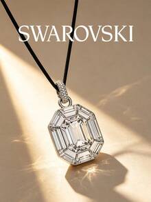 Kalung Swarovski Lucent Octagonal Cut Black Cord untuk Wanita, Liontin Kristal Transparan Persegi Panjang Besar, Tali Panjang yang Dapat Diatur, Perhiasan Mewah - Perak - View 2