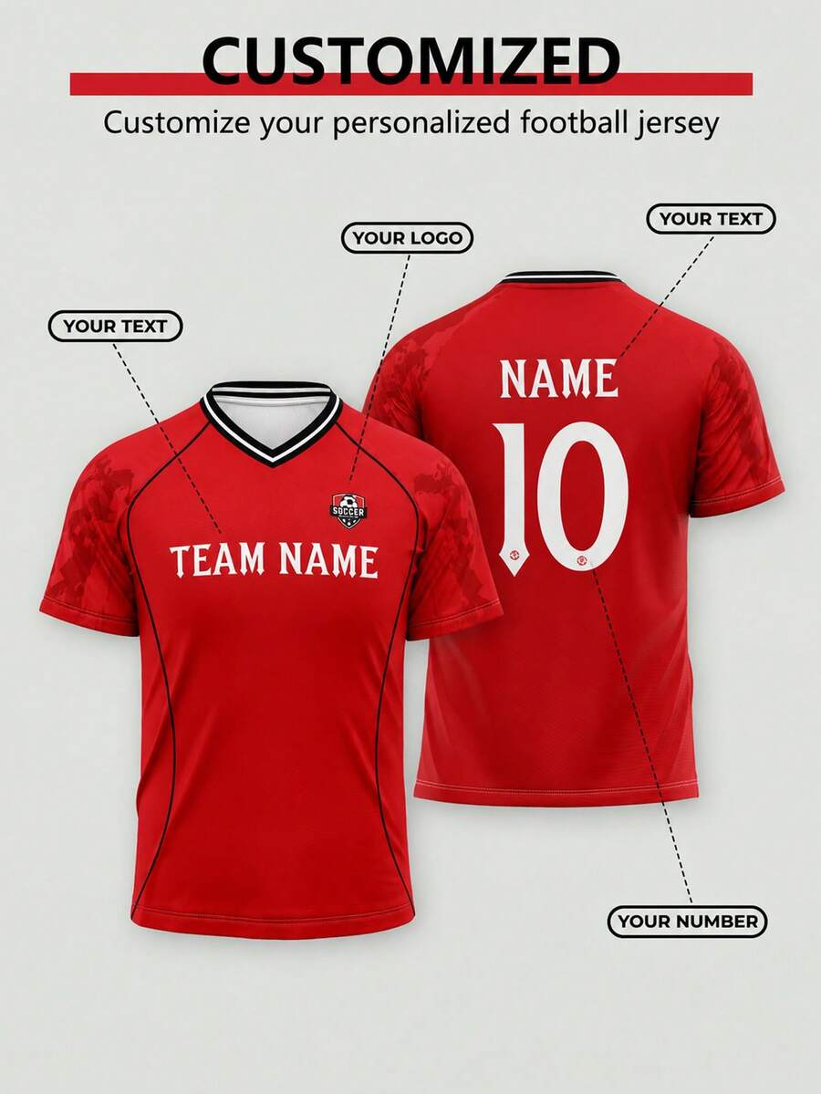 2026-27 Season Personalized Customized T-Shirt - English League Sports Team LOGO, Number, Team Name And Player Name, Red Summer Style - Red - View 1