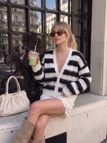 Women's Autumn/Winter Fashion V-Neck Button Design Striped Drop Shoulder Long Sleeve Casual Versatile Knit Cardigan - Black - View 4
