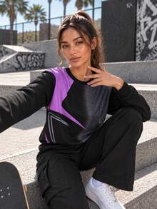 Women's Graphic Contrast Print Crew Neck Long Sleeve Relaxed Fit Pullover Sweatshirt For Training, Running And Fitness - Purple - View 8