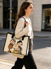 1pc Snoopy Peanuts Cartoon Character Pattern Canvas Tote Bag, Black Trim Large Handle Shoulder Bag, Casual Daily Shopping Handbag, Suitable As Christmas Gift Bag - Multicolor - View 5