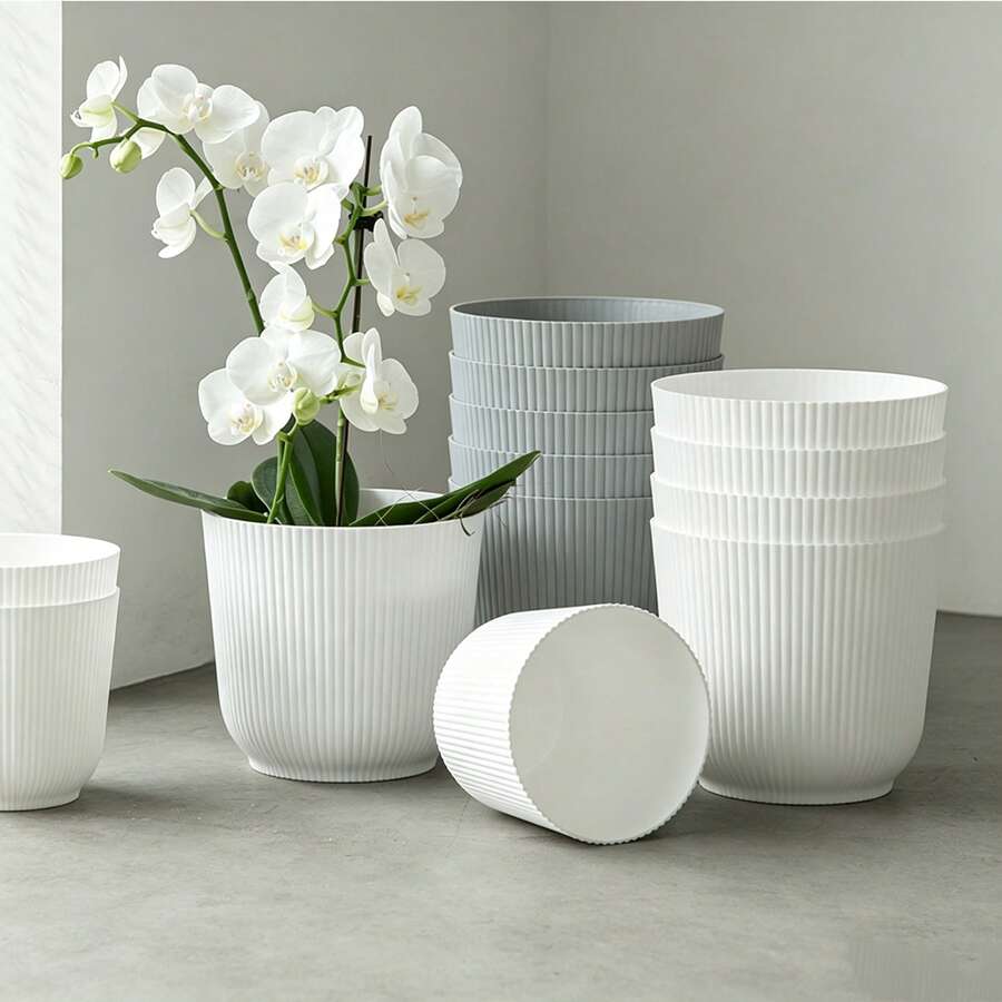 Thickened Slouchy Desktop Vertical Stripe Round Plastic Hydroponic Planter For Butterfly Orchid And Snake Plant, Anti-Ceramic Flower Pot, Minimalist Versatile Matte Solid Color, Suitable For Living Room, Bedroom, Office, Windowsill, Succulents And Pothos, Large And Small Sizes Available