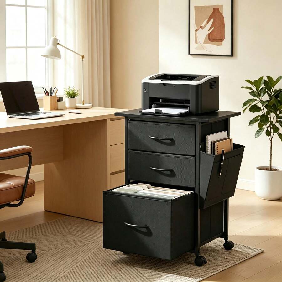 VASAGLE 3-Drawer File Cabinet, Mobile Printer Stand - Black - View 1