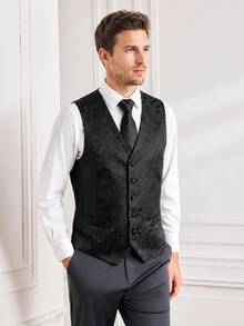Officeau Men's Black Paisley Pattern Vest & Tie Set, Wedding Tuxedo Waistcoat Jacket, Formal Casual Groom Style - Black - View 1