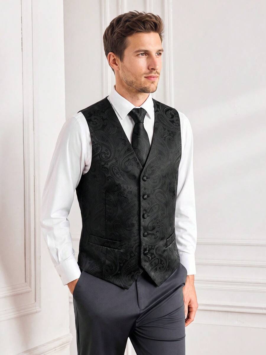 Officeau Men's Black Paisley Pattern Vest & Tie Set, Wedding Tuxedo Waistcoat Jacket, Formal Casual Groom Style - Black - View 1