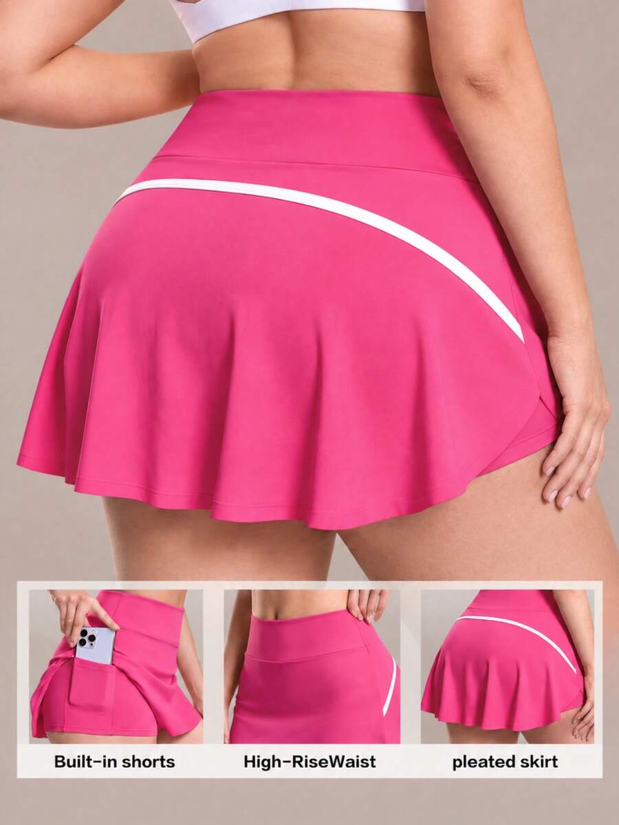Deybera Plus Size Women High Waist Color Block Skort, Pleated Tennis Skirt With Built-In Shorts & Side Pocket For Running, Yoga, Outdoor & Daily Wear - Hot Pink - View 1