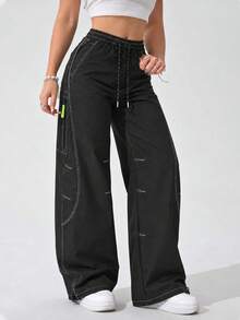 Women's Black Cargo Pants With Wide Leg, Drawstring Elastic Waist, Contrast Stitching, Zipper Pockets And Adjustable Hems - Black - View 3
