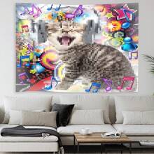 Fun Pixel Music Cat Tapestry, Polyester Fiber Wall Decor Hanging, Featuring A Cute Tabby Cat Wearing Headphones Enjoying Music, Colorful Pixel Style Background With Dynamic Musical Notes And Retro Digital Icons; Single-Sided Print, Suitable For Bedroom, Dorm Or Living Room Decoration; A Creative And Fun Home Decor Gift For Teenagers And Cat Lovers. - Multicolor - View 5