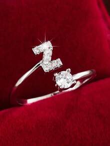 1pc 26-Letter Open Design Copper Zirconia Decorated Ring, Minimalist Style Versatile Index Finger Accessory For Women - Open Ring - View 14