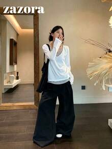 Striped 2 In 1 Long Sleeve T-Shirt, Korean Style Lazy Loose Casual Top, Autumn Clothing - White - View 9