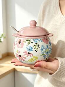 1pc Round Underglaze Pastoral Style Ceramic Storage Jar, Home Kitchen Ceramic Salt Jar, Seasoning Jar, With Lid And Spoon, Chili Oil Jar, Can Be Used As Lard Jar, Multiple Colors Available, Holiday Gift - Multicolor - View 12