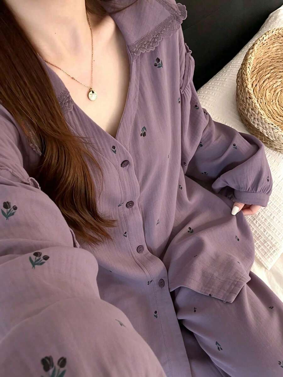 2pcs Women Sleepwear Set, Turndown Collar Cardigan Shirt, Floral Print Fashionable Minimalist 3/4 Pants, Suitable For Home & Leisure, All Seasons - Purple - View 1