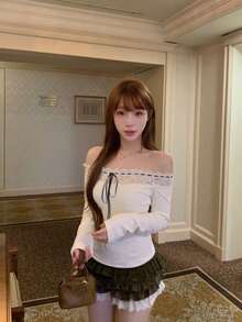 Women's Off-Shoulder Lace Trim Long Sleeve T-Shirt Inner Layer Fitted Top Autumn Base Layer Patchwork Knotted Lace Design Vacation Style - Apricot - View 3