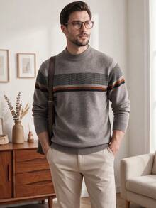Men's Thick Round Neck Sweater, Business Casual Jacquard Knit Long Sleeve Top, Versatile Layering Piece, Plaid & Striped Pattern, Autumn/Winter - Light Grey - View 2