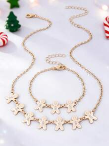 2Pcs/Set Dainty Christmas Jewelry Set Gold Plated Rhinestone Inlaid Xmas Gingerbread Man Pendant Jewelry, Holiday Party Accessories For Kids Girls - Multicolor - View 2