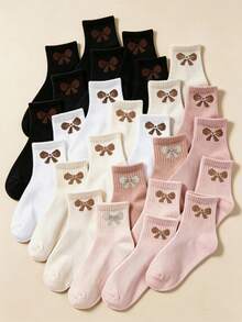 5/10/20 Pairs Random Color Mid-Calf Socks, Bow Pattern, Black White Gray Earth Tone Pink, Baby Girl Party Halloween Christmas Holiday Gift - Multicolor - View 2