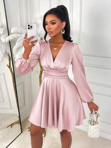 Pink Satin Elegant Fitted Mini Dress, Long Sleeve Deep V-Neck, Ruched Bust Design, Flared Hem, Suitable For Formal Occasions And Parties - Pink - View 8