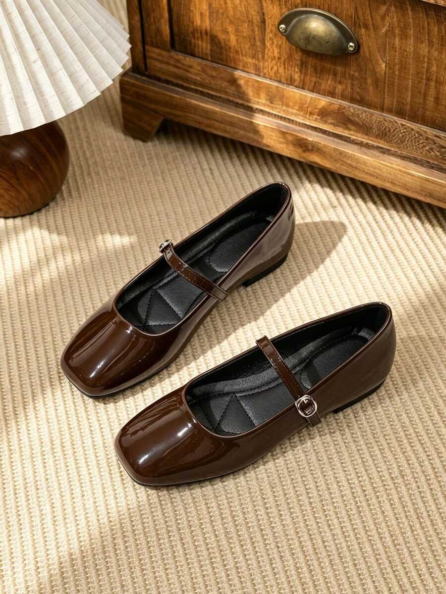 French Square Toe Mary Jane Shoes, Versatile & Elegant Shoes For Women - Brown - View 1