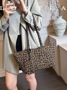 low tea 1pc Square Leopard Print Canvas Shoulder Bag, Suitable For Commuting, Shopping, Etc. (With Small Pouch) - Brown - View 6