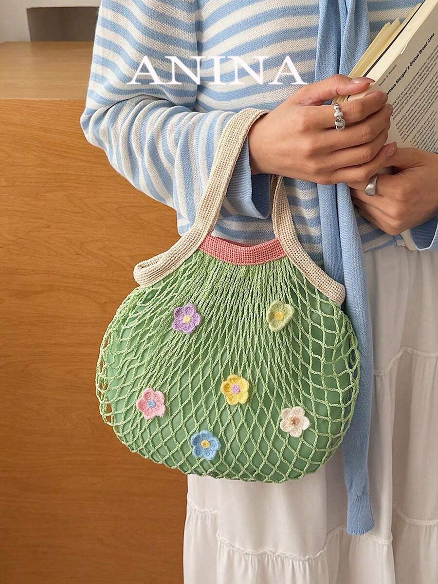 网眼拼接花卉沙滩手提包，手工钩编大容量手提包，时尚女士度假包 - 綠色 - 查看 1