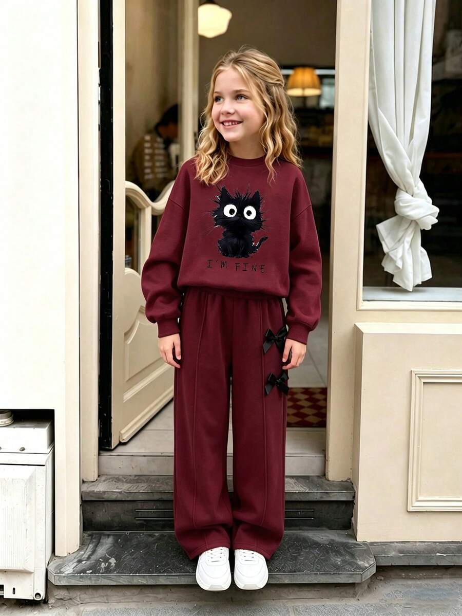 Young Girl Cartoon Print Crew Neck Sweatshirt And Bow Decor Long Pants - Burgundy - View 1