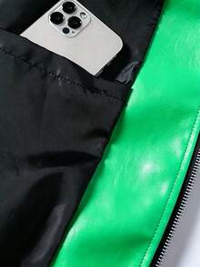 Men's Colorblock Racing Leather Jacket With Stand Collar, Zipper, Letter Print, Hip-Hop Street Style Motorcycle Riding Jacket, Suitable For Spring And Autumn - Army Green - View 8