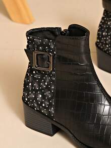 Women's Ankle Boots, New Autumn/Winter Fashion Comfortable Leopard Print Patchwork Rhinestone Decor Chunky Heel Back Zipper Design Suitable For Commuting, Outdoor, Gatherings And Parties - Black - View 7