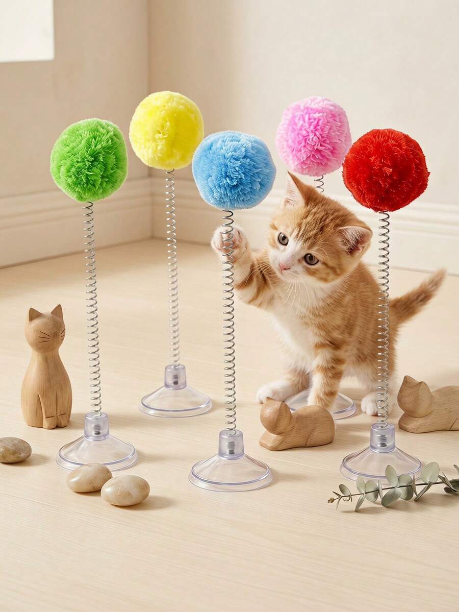 PETSIN 1/3/5pcs Random Mixed Color Indoor Cat Interactive Toys, Durable Metal Spring Plush Ball Cat Teaser Wand With Suction Cup Base, Battery-Free, Stimulates Hunting Instinct, Suitable For All Cat Breeds Pet Toy - Multicolor - View 1